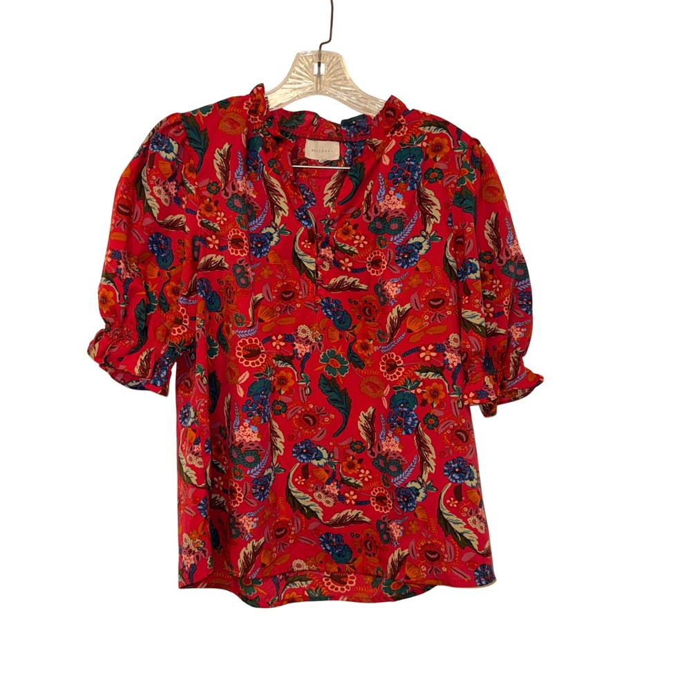 Melloday Floral Ruffle Neck Blouse Womens Medium Red Multi Woven Puff Sleeve